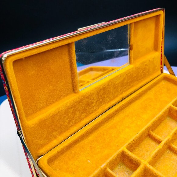 Vintage 70s Red Floral Chintz Jewelry Organizer Travel Case: Mirror Orange Liner - Picture 8 of 14